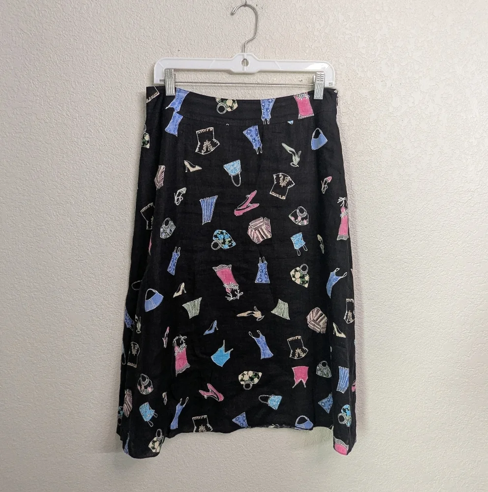 Liz Claiborne Linen Black A-Line Skirt Size 8 Knee Length Fashion Novelty Print